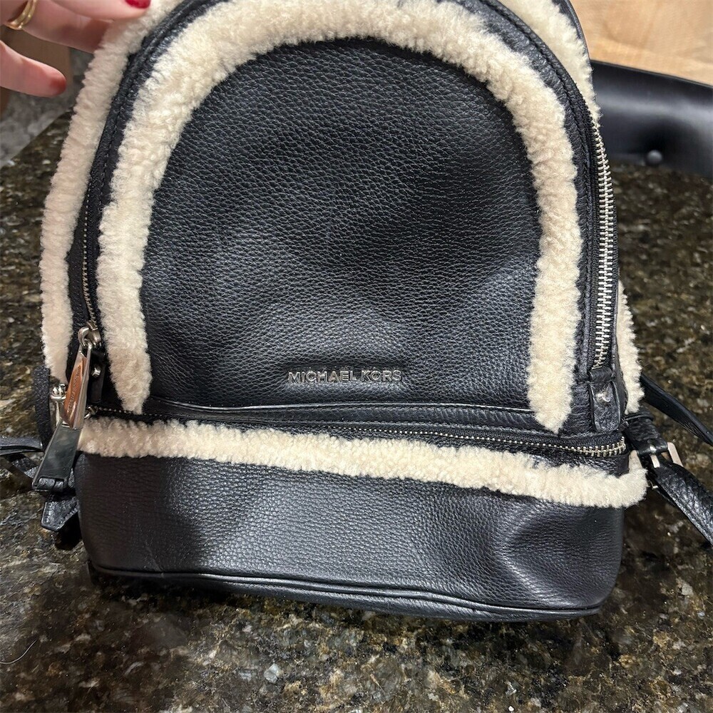 Michael Kors Rhea Zip Backpack Womens Medium Black Pebbled Leather Zip